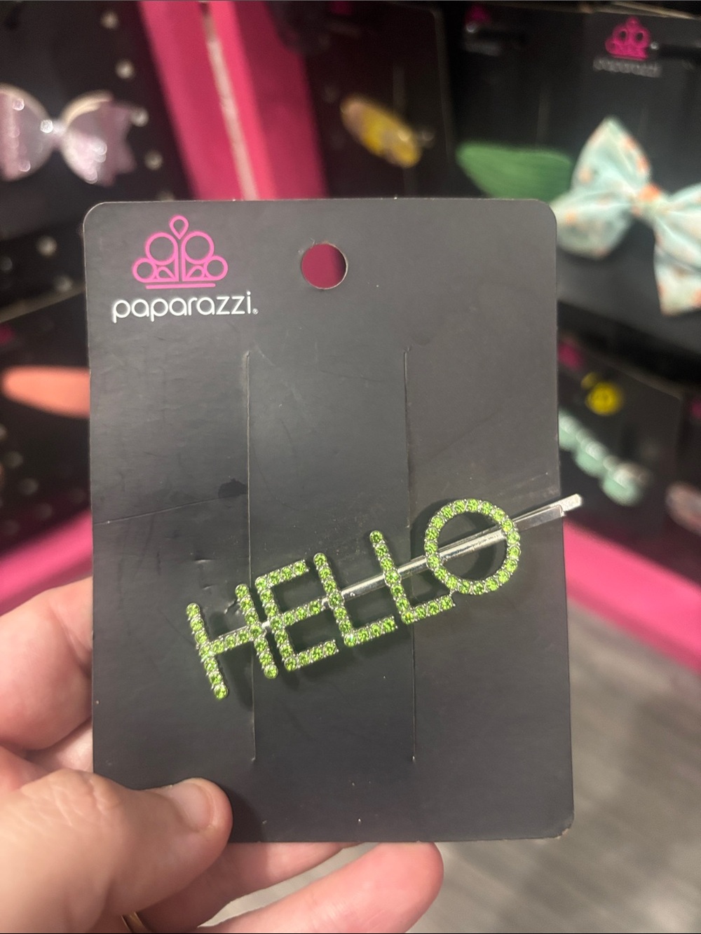 paparazzi Lime Green HELLO Rhinestone Hair Clip